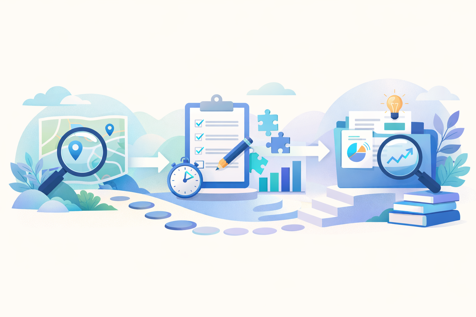 Illustration représentant trois étapes progressives entre repérage, test et diagnostic