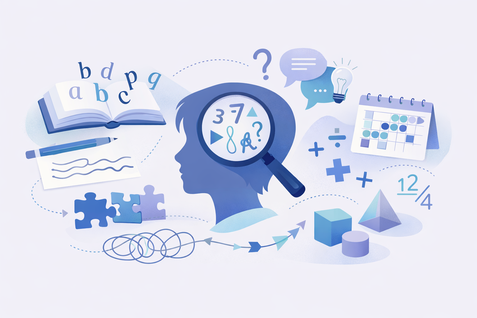 Illustration représentant différentes dimensions des apprentissages liées aux troubles DYS