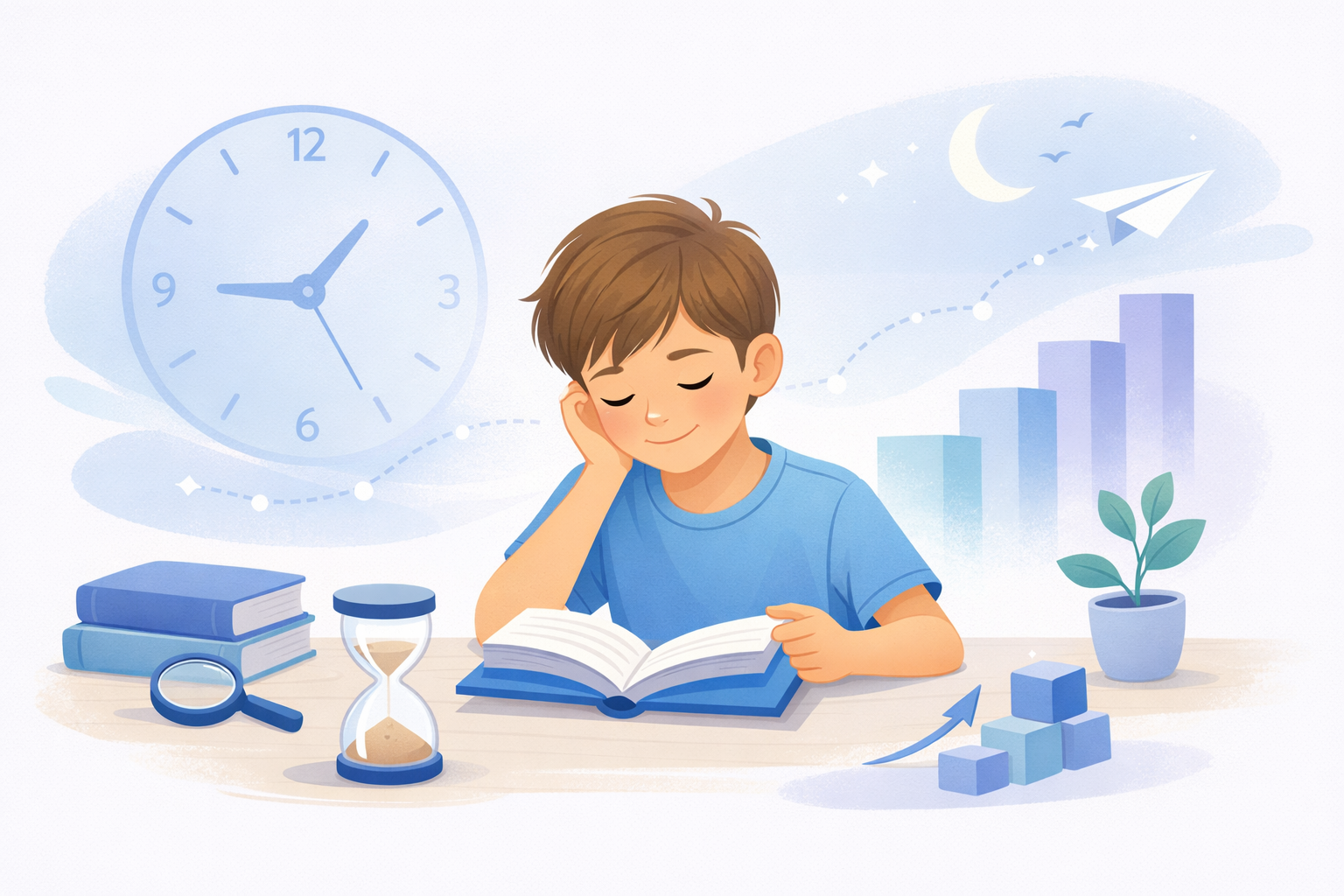 Illustration d’un enfant en train de lire avec des repères visuels liés au temps et à la progression