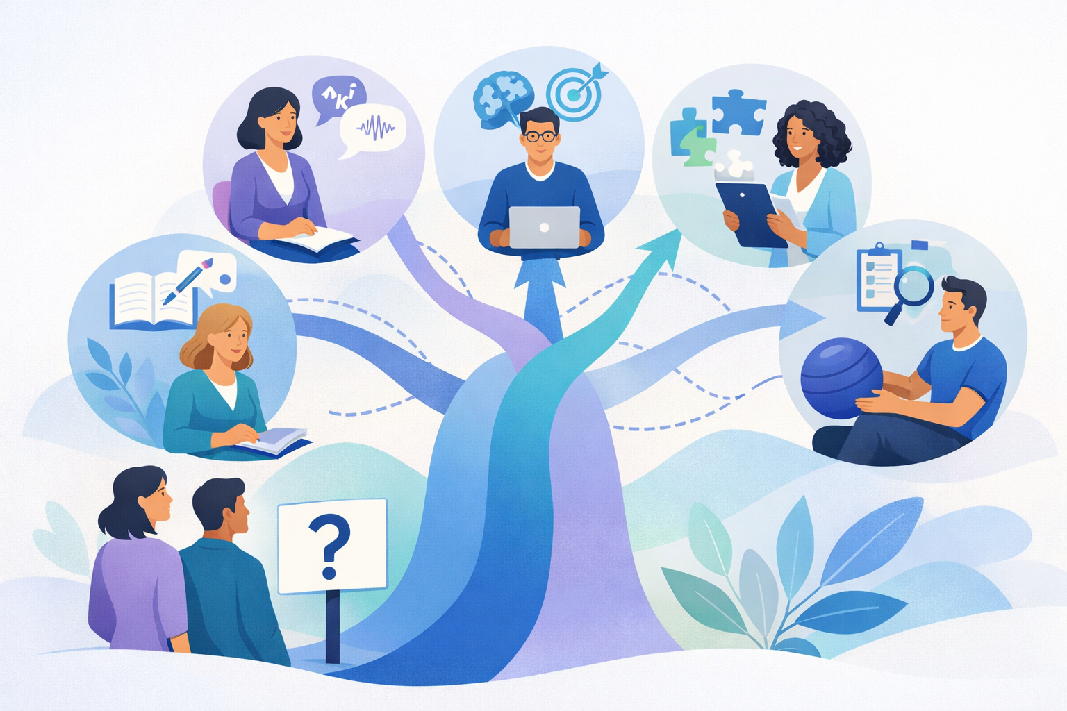 Illustration représentant plusieurs chemins d’orientation vers différents professionnels selon les besoins observés