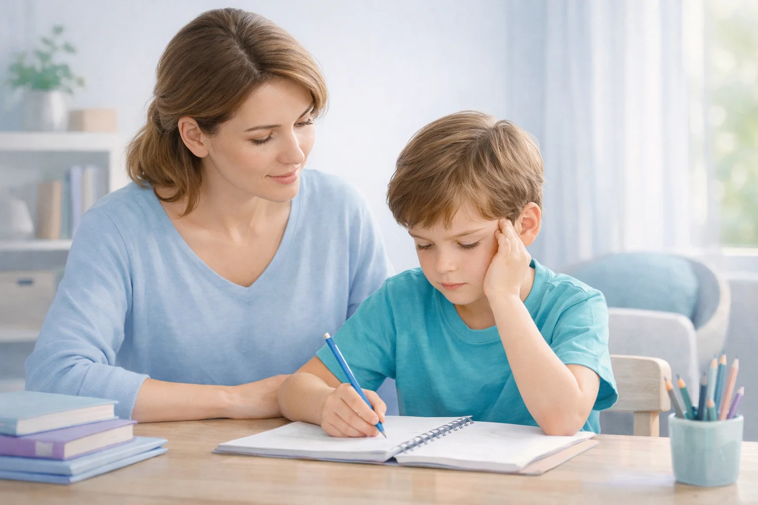 Parent observant calmement un enfant en train d’écrire à la maison