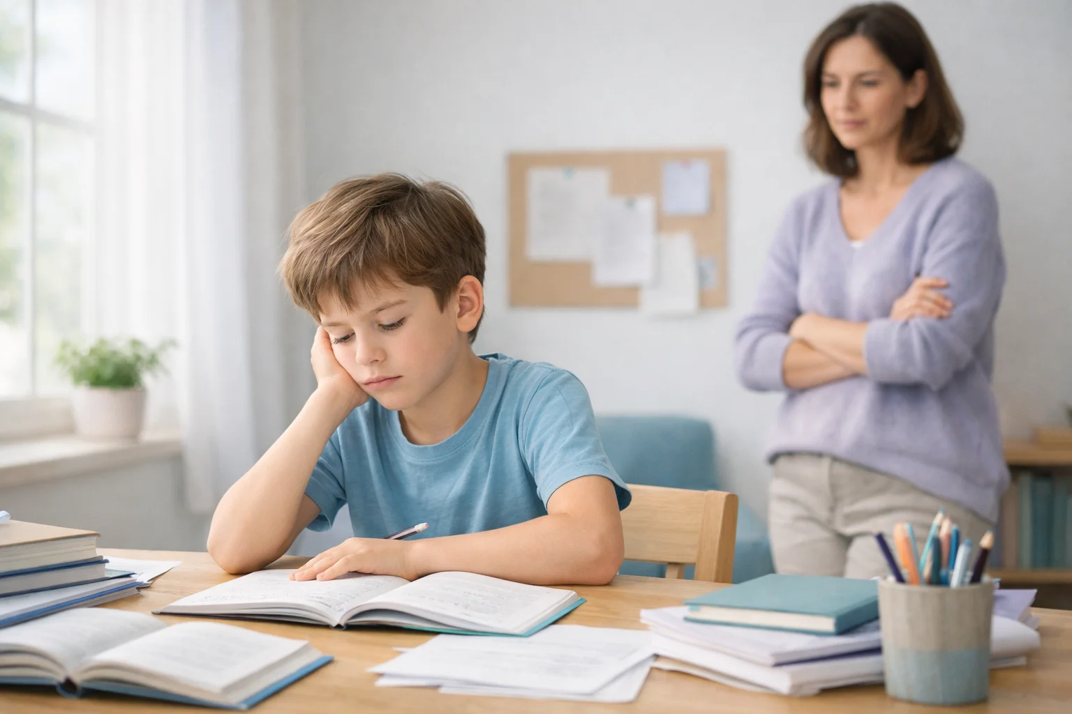 Enfant en train de suivre une ligne de lecture avec le doigt, accompagné discrètement par un adulte à ses côtés.