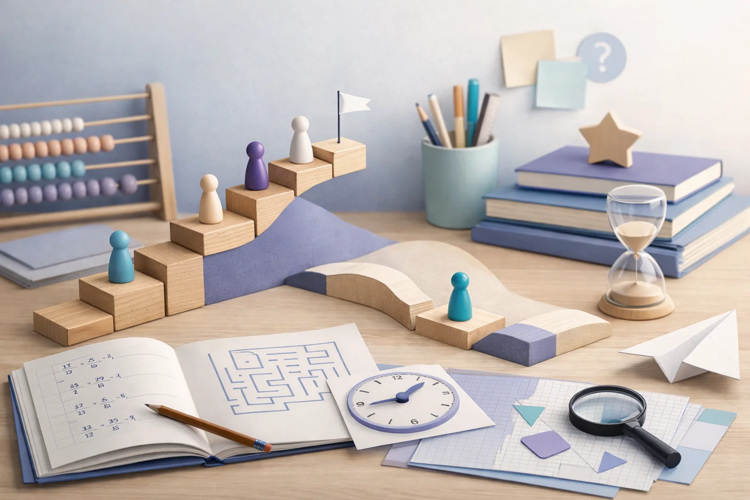 Supports scolaires et éléments visuels représentant des rythmes d’apprentissage différents et une progression non linéaire