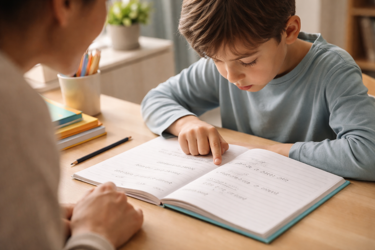 Enfant en train de suivre une ligne de lecture avec le doigt, accompagné discrètement par un adulte à ses côtés.