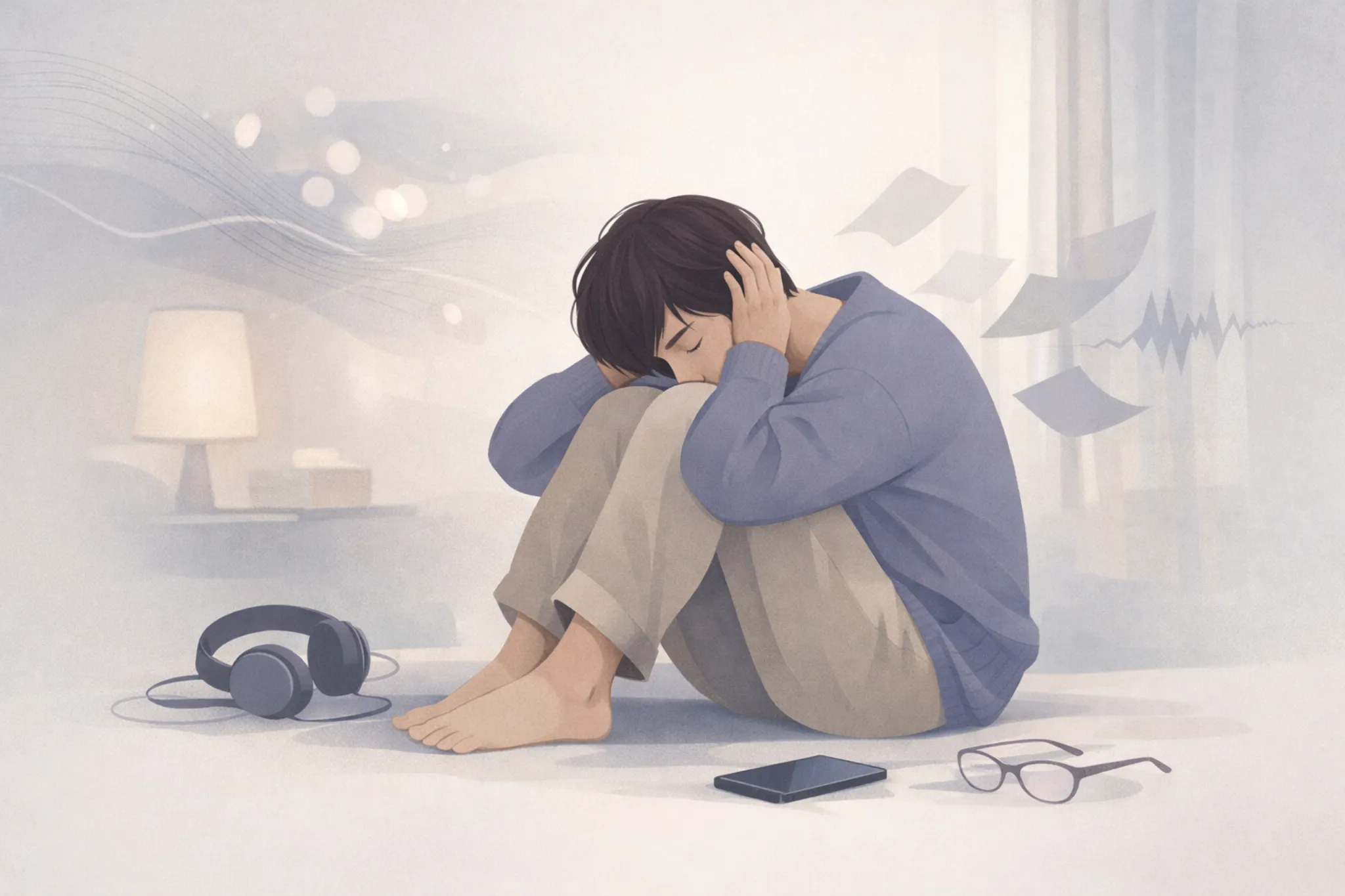 Burnout autistique - Une personne en retrait, assise au sol, évoquant l’épuisement, la surcharge et le besoin de récupération