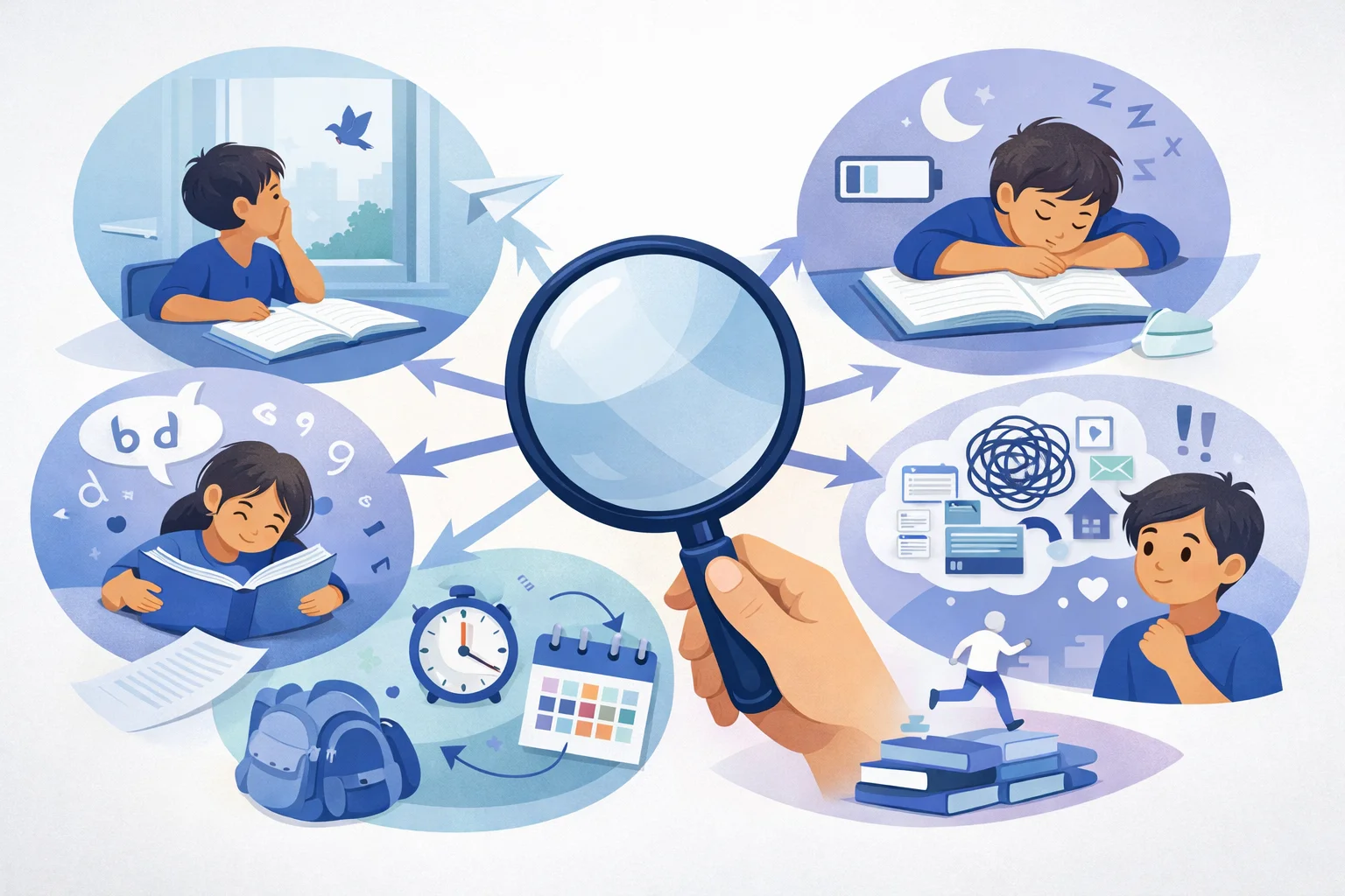 Illustration représentant plusieurs causes possibles de difficultés chez l’enfant, comme l’attention, les apprentissages, la fatigue ou le stress