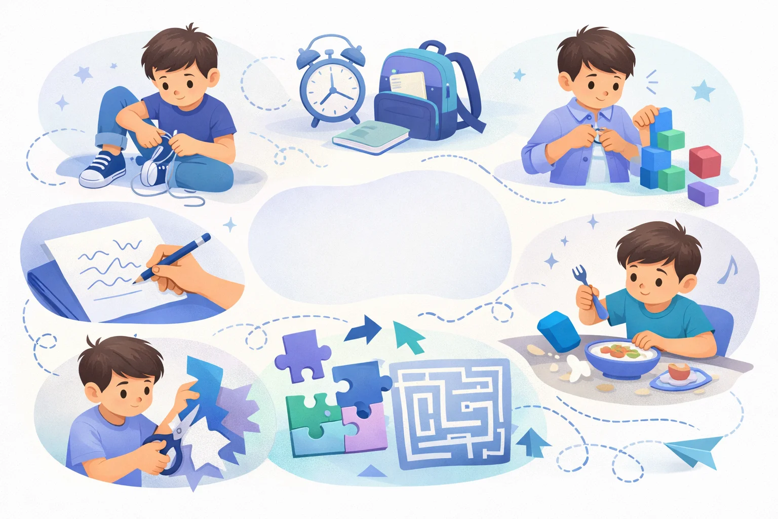 Illustration représentant plusieurs gestes du quotidien et activités pouvant être plus difficiles en cas de dyspraxie